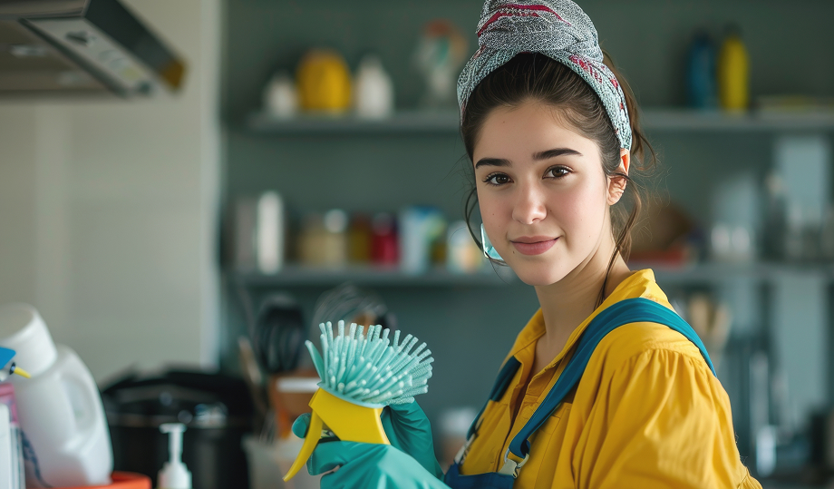Household worker preparing a clean kitchen